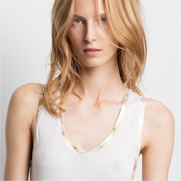 Zadig and Voltaire Shirt Tam Gold Tank Top Hand Painted Modal White Sz S NEW - Picture 2 of 14